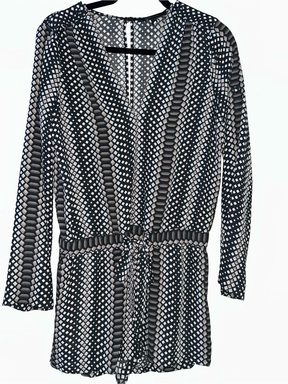 BCBGMaxAzria Black/White/Tan Geometric Romper